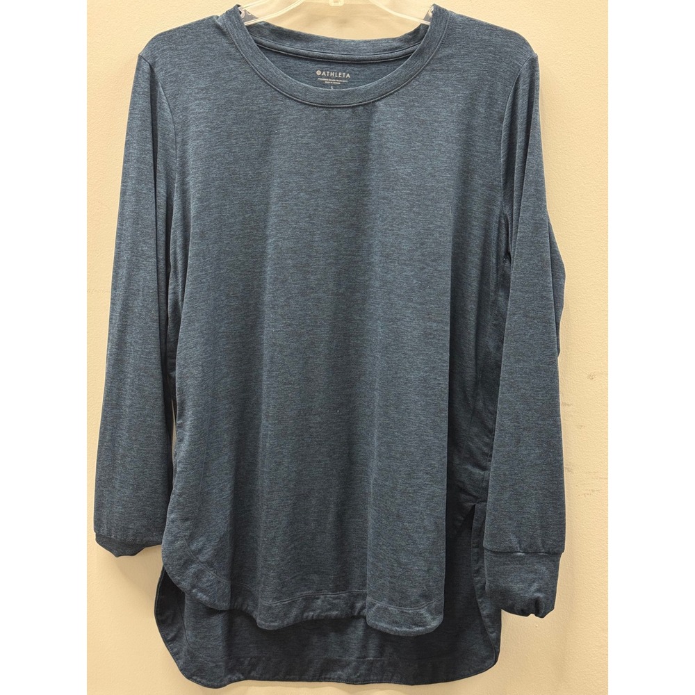Athleta Untempo Long Sleeve Top Womens Large Blue Heathered High-Low Slit Hem